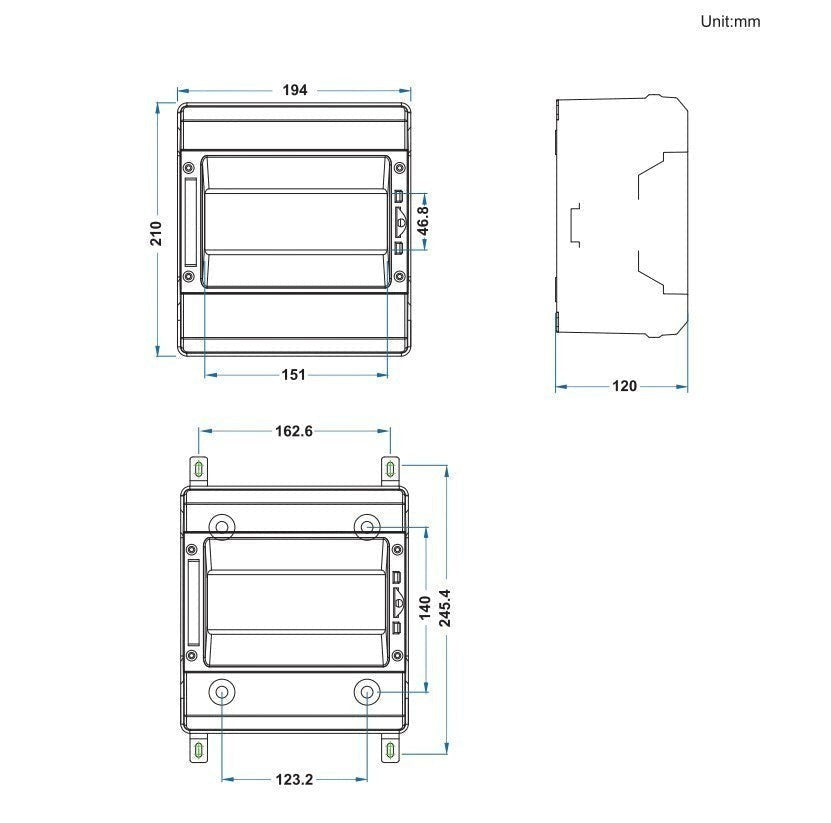 Redispose Stark Box Mini DIY kit enclosure technical drawing with dimensions. Heavy duty, IP65 rated, UV resistant, flame retardant.