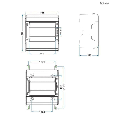 Redispose Stark Box Mini DIY kit enclosure technical drawing with dimensions. Heavy duty, IP65 rated, UV resistant, flame retardant.