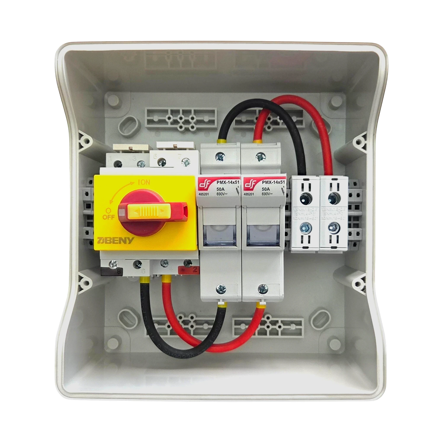Redispose Stark Box Mini DIY kit with IP65 enclosure, DC isolator switch, and two DC 600V ceramic fuses.