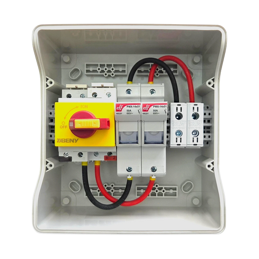 Redispose Stark Box Mini DIY kit with IP65 enclosure, DC isolator switch, and two DC 600V ceramic fuses.