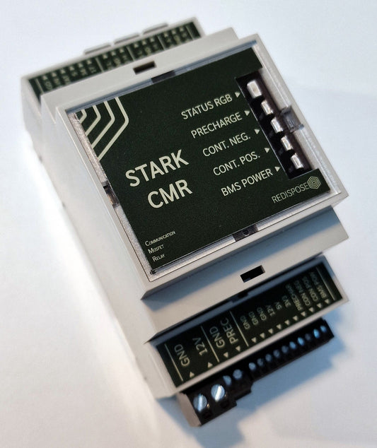 Redispose Stark CMR v2 IoT communication, MOSFET, and relay module with DIN-rail mount. Features WiFi and Bluetooth.