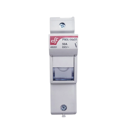 DF Electric 14x51mm white plastic DIN-rail fuse holder, 50A, 690V DC, with clear fuse indicator window.