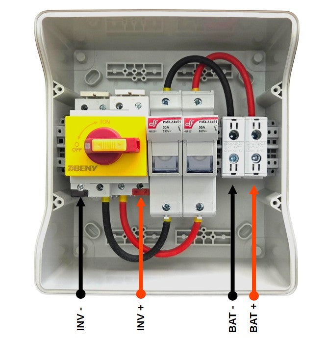 RedisposeHere Stark Box Mini DF Fuses with yellow DC isolator switch, two 50A fuses, and battery terminals. Includes red and black cables.